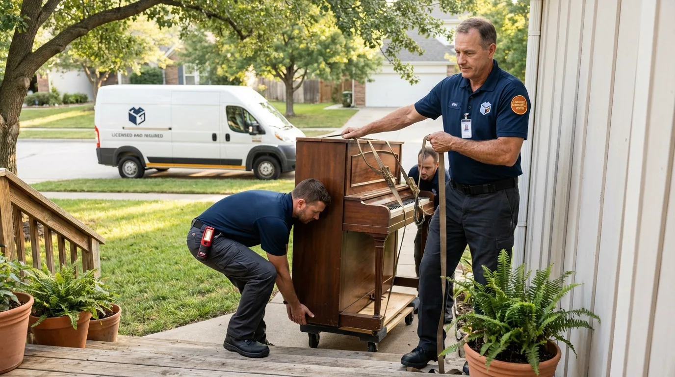 Licensed piano movers securing grand piano in Chama, NM