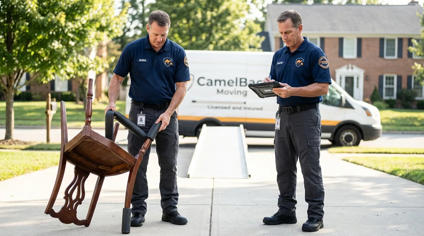 Movers inspecting furniture for damage prevention before loading in Chama, NM