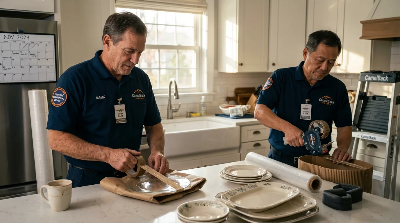 Professional crew packing kitchen dishware in Chama, NM